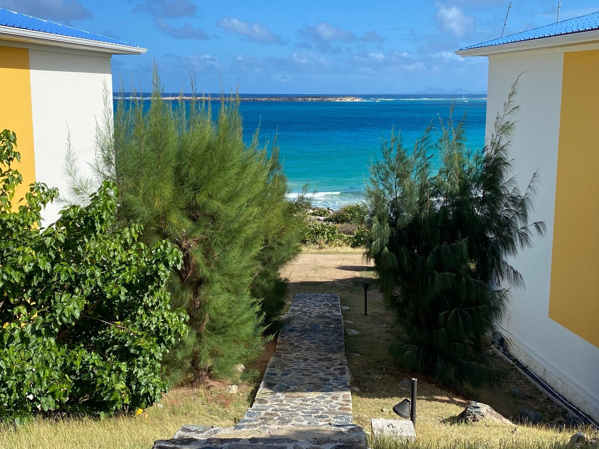 Un sentier qui mène à une plage d’où l’on a une vue dégagée sur l’océan et le lointain rivage.