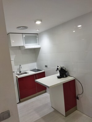 Kühlschrank, Mikrowelle, Herdplatte, Wasserkocher mit Kaffee-/Teezubehör