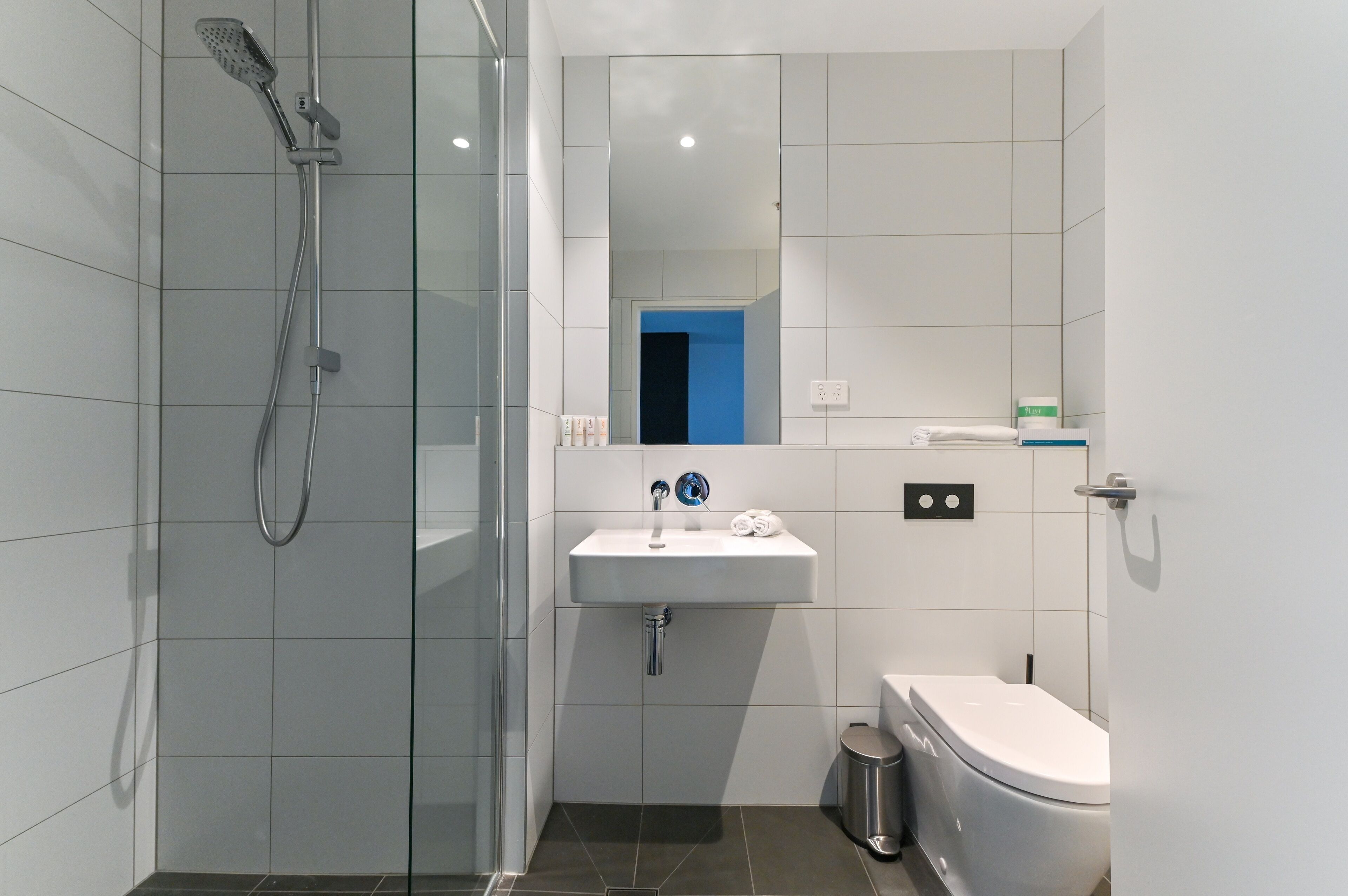 shower, free toiletries, hair dryer, towels