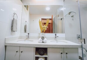 Combined shower/bathtub, hair dryer, towels, toilet paper