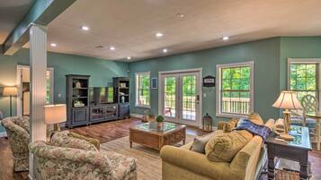 TV, fireplace, DVD player, foosball