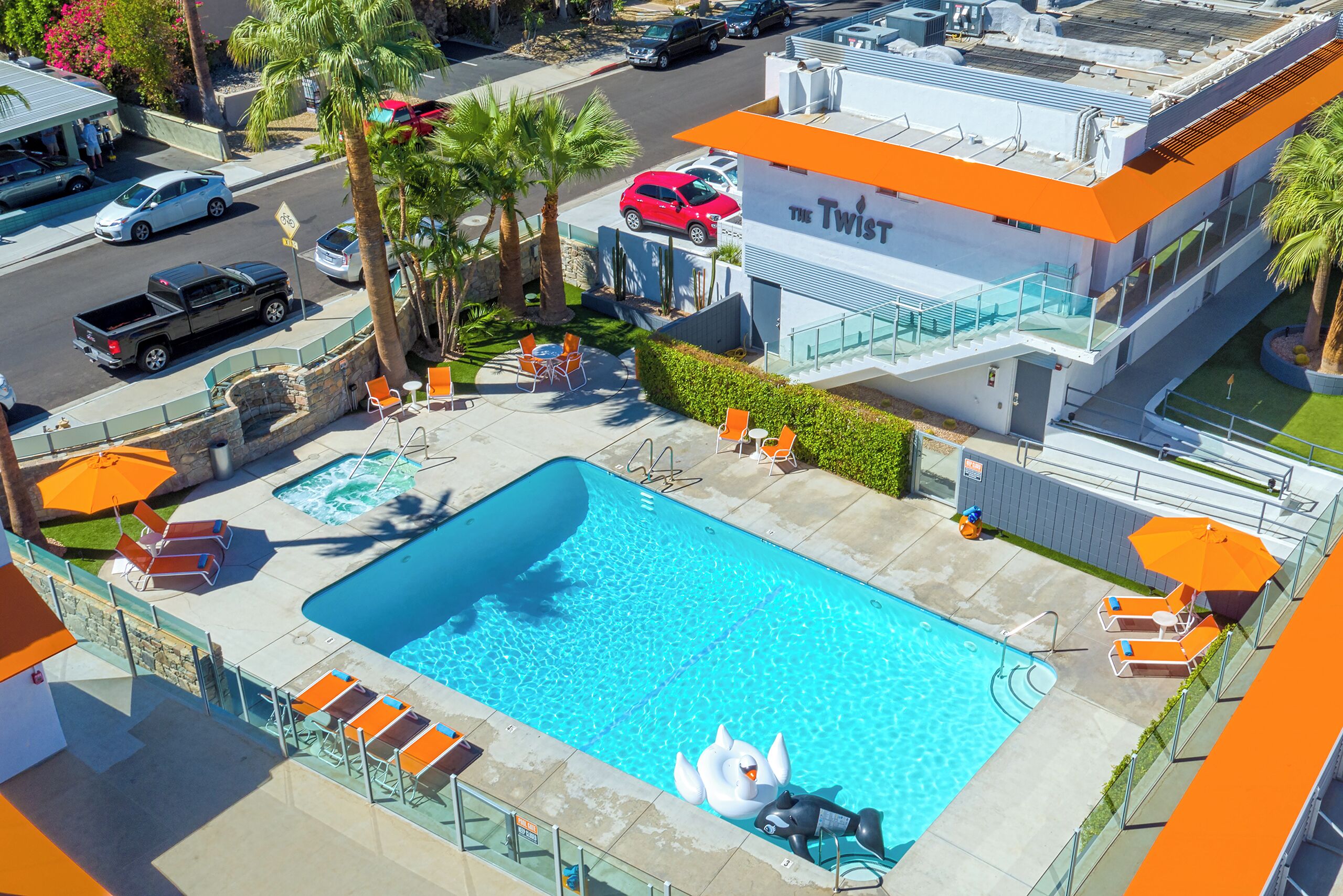 outdoor pool, pool umbrellas, pool loungers