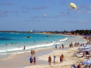 On the beach, sun-loungers, beach towels
