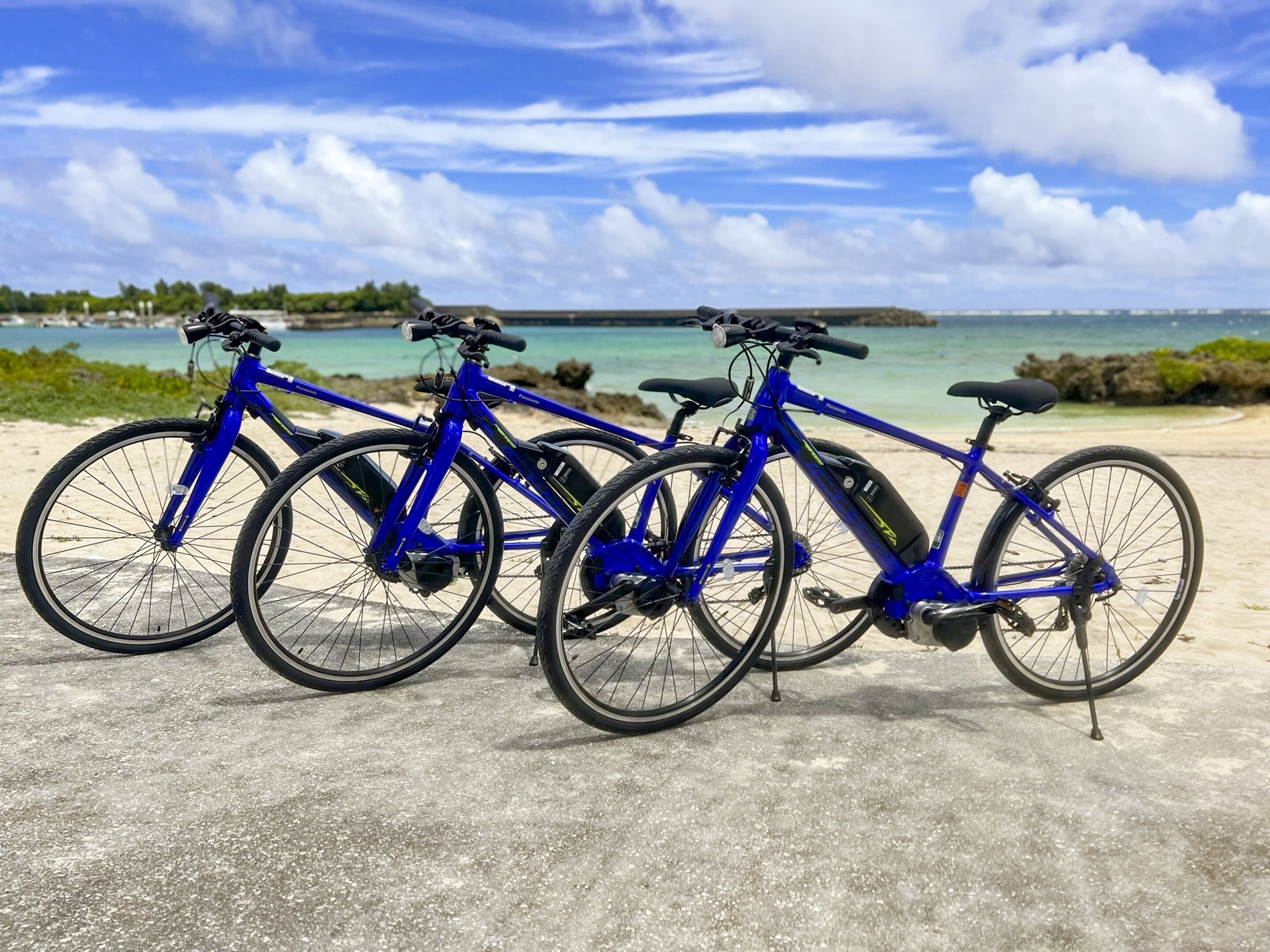 Three blue bicycles parked on a concrete surface near a beach with a clear sky and calm sea in the background.
