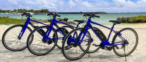 Three blue bicycles parked on a concrete surface near a beach with a clear sky and calm sea in the background.