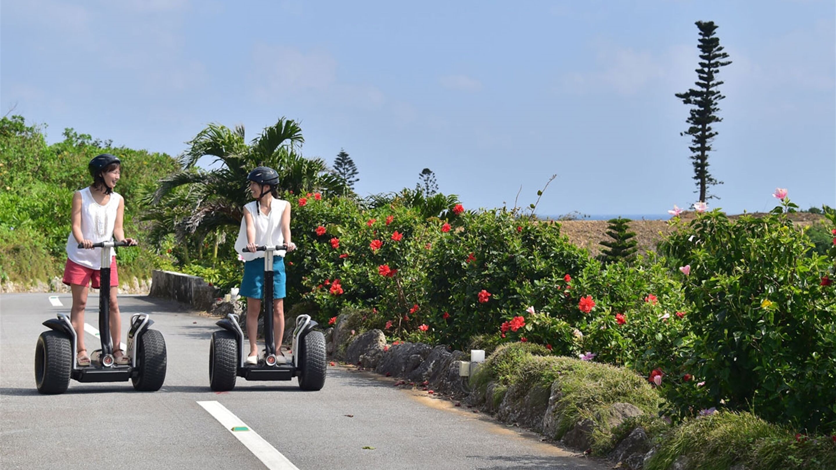 Duas pessoas andando em segways numa estrada com vegetação exuberante e flores vermelhas ao lado.