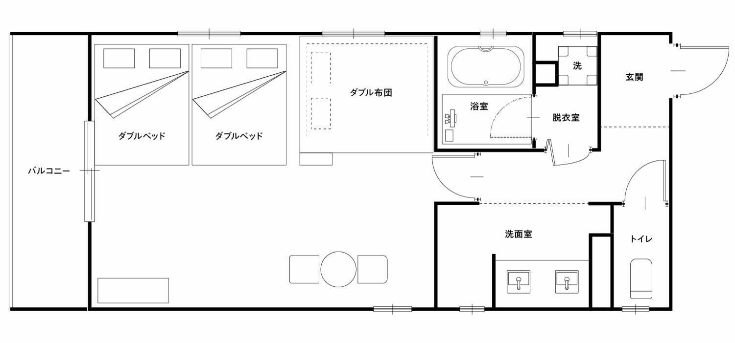 Un plan d’étage d’hôtel comprenant un bar, deux chambres, une salle de bain et un coin repas.