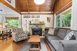 Fireplace, books, stereo