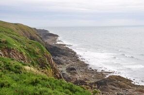 A coastal landscape with rocky cliffs and a view of the sea.