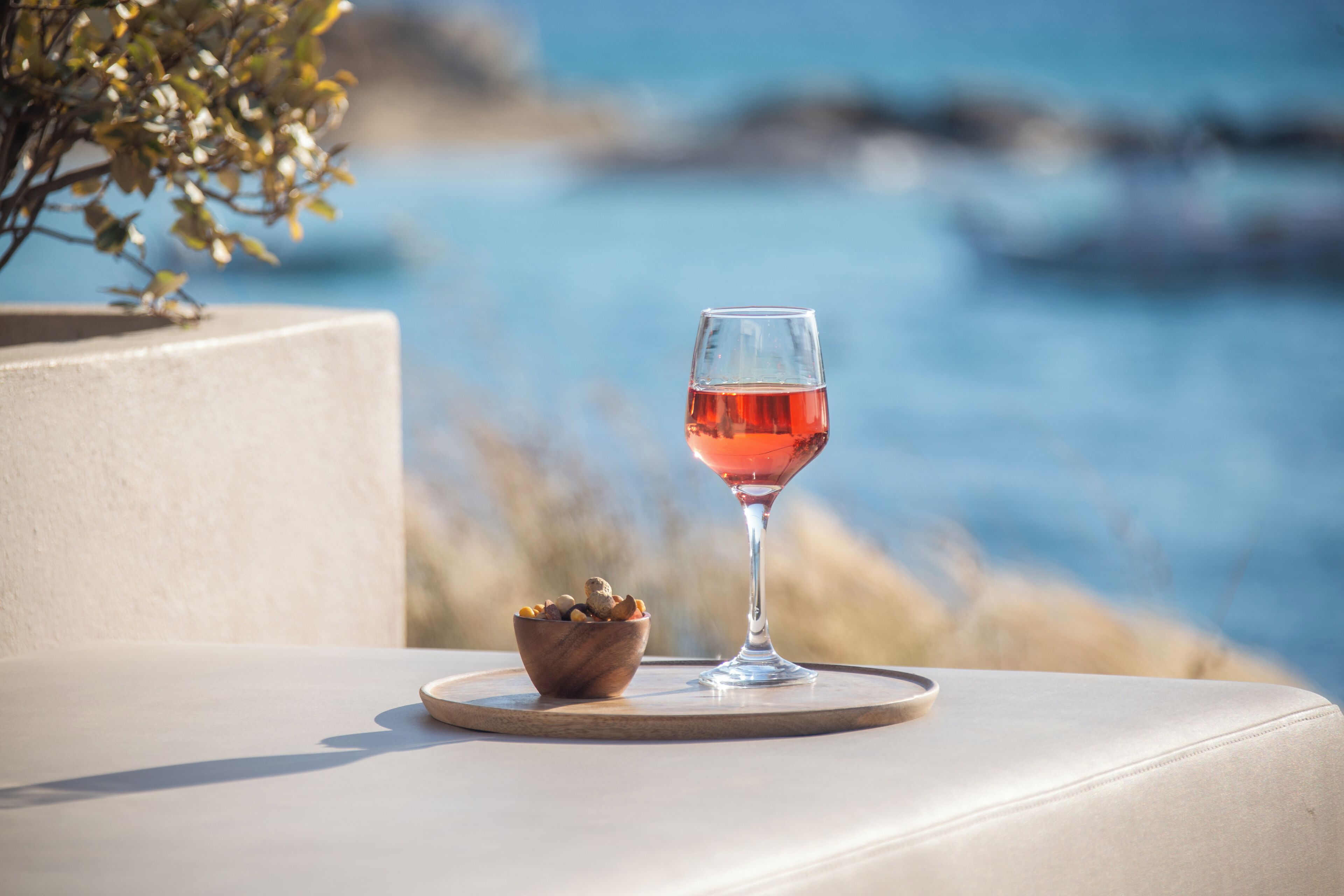 A glass of red wine on a white table with a bowl of nuts beside it, overlooking a body of water.