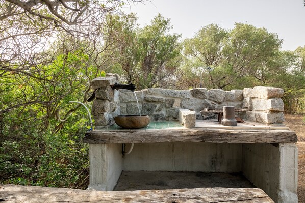 A stone water feature with a basin, a spout, and a stone wall.