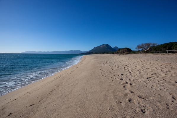 A beach with a clear sky, calm sea, and distant mountains.