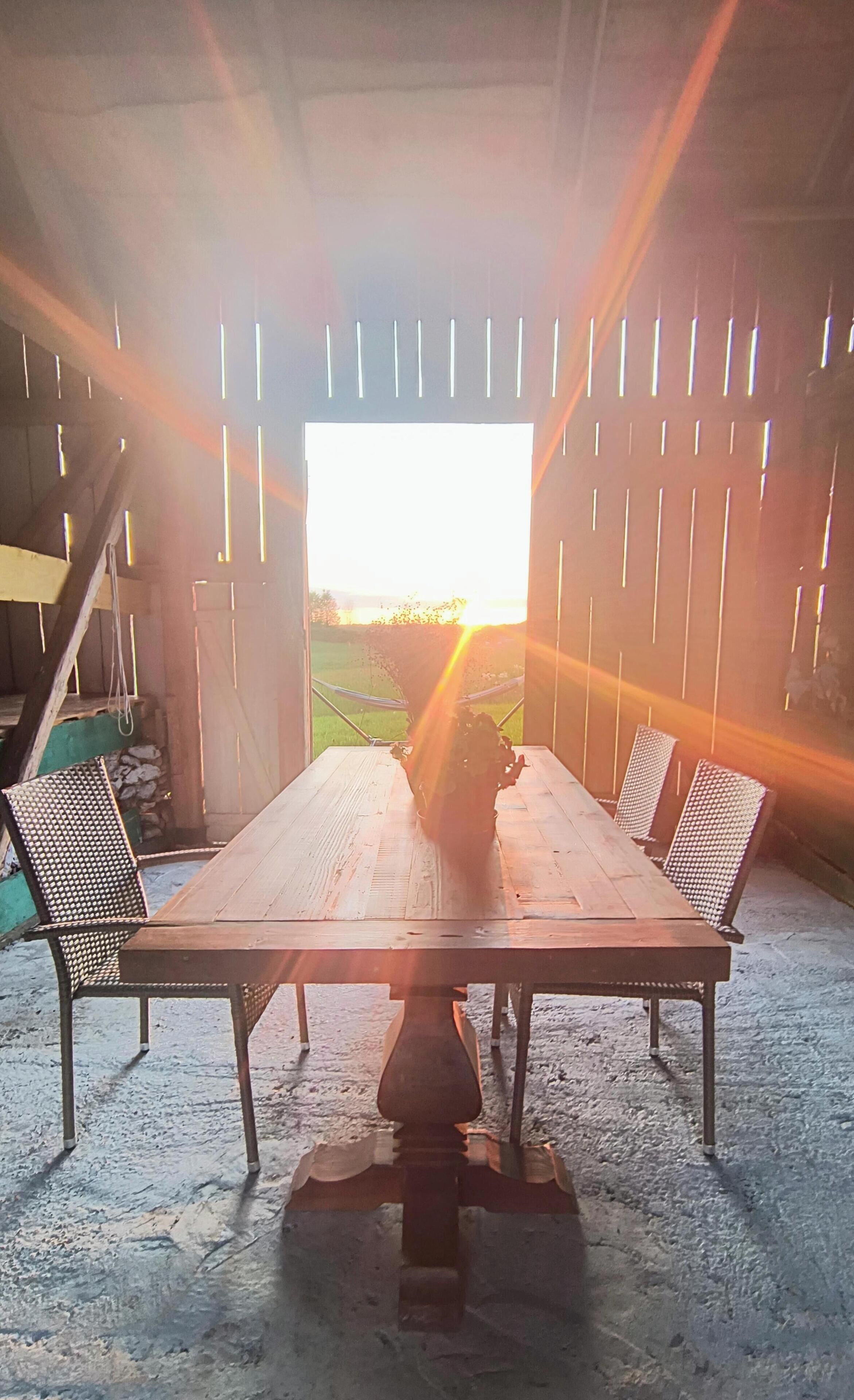 A wooden table with chairs, a potted plant, and a view of the sunset through a doorway.