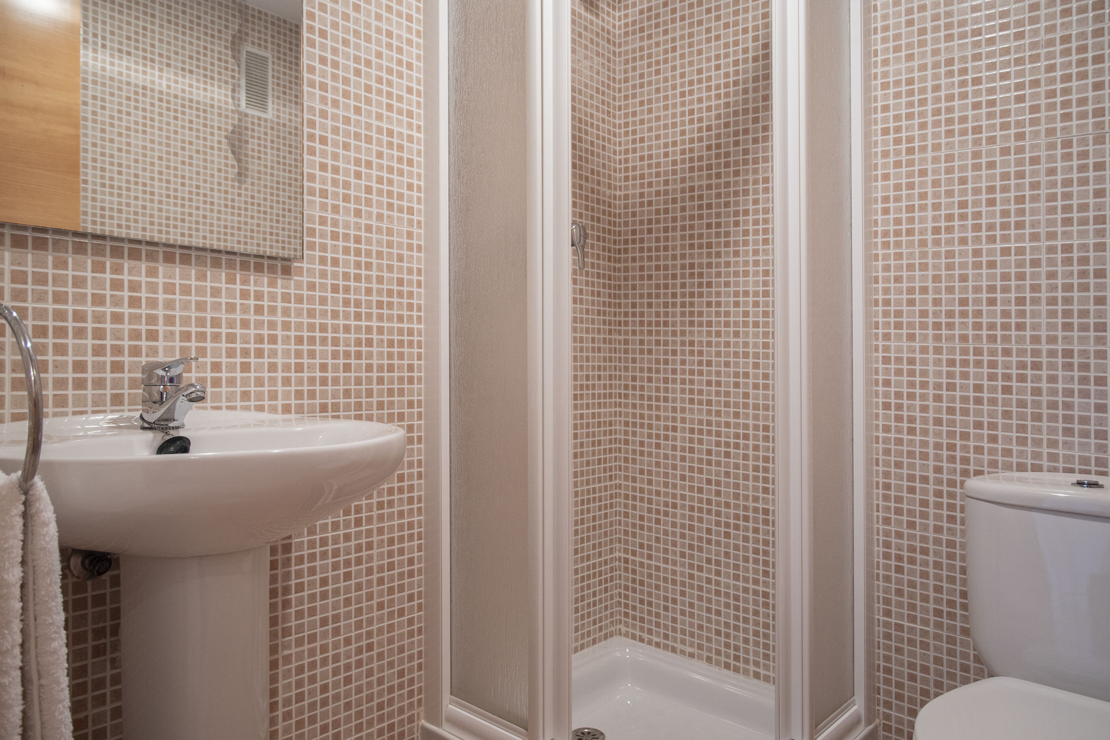 A bathroom with a sink, mirror, shower, and toilet.