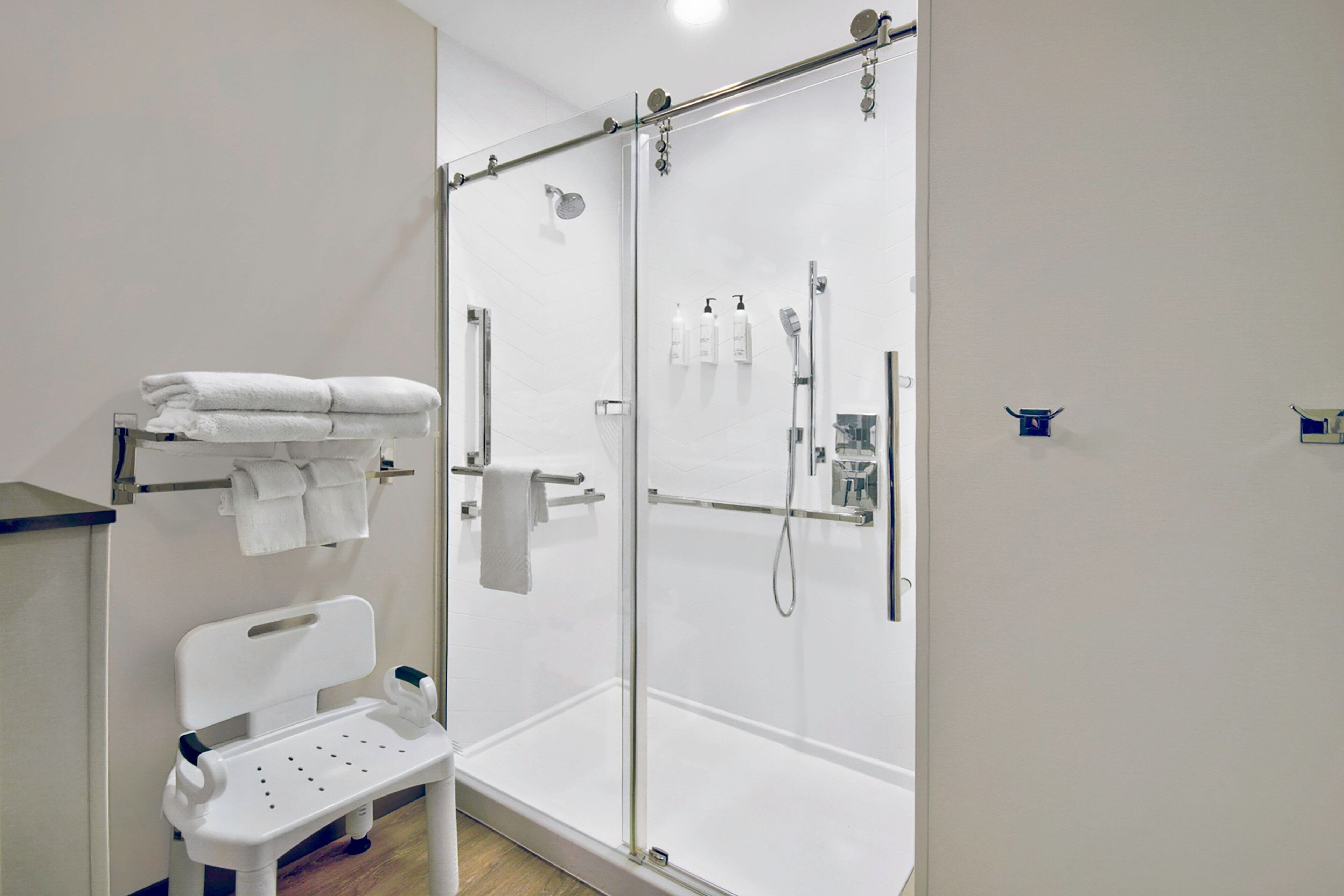 hair dryer, towels, soap, shampoo