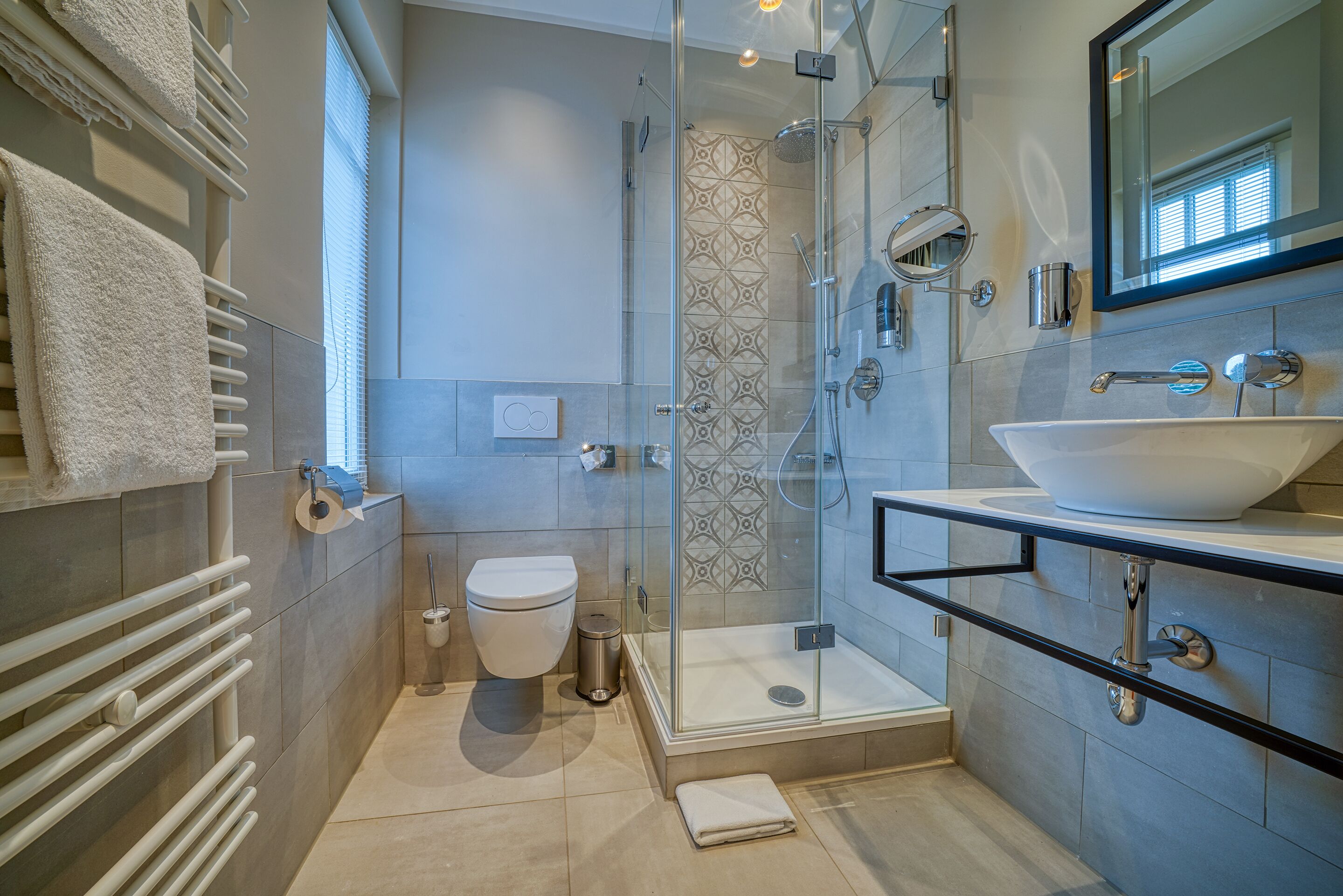 boutique double room | bathroom | shower, hair dryer, towels