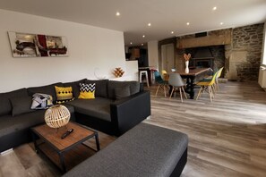 Smart TV, fireplace, books