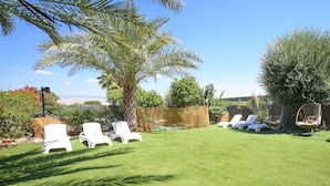 A well-maintained lawn with white lounge chairs and a hanging chair, surrounded by trees and a fence.