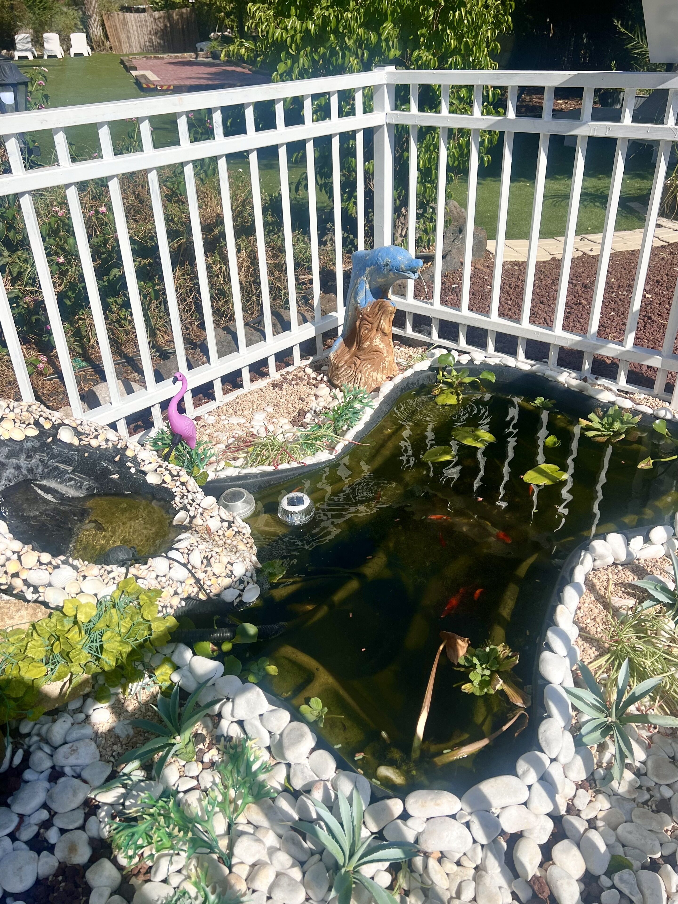 Un estanque en un jardín con estatuas decorativas, rodeado por una valla blanca.