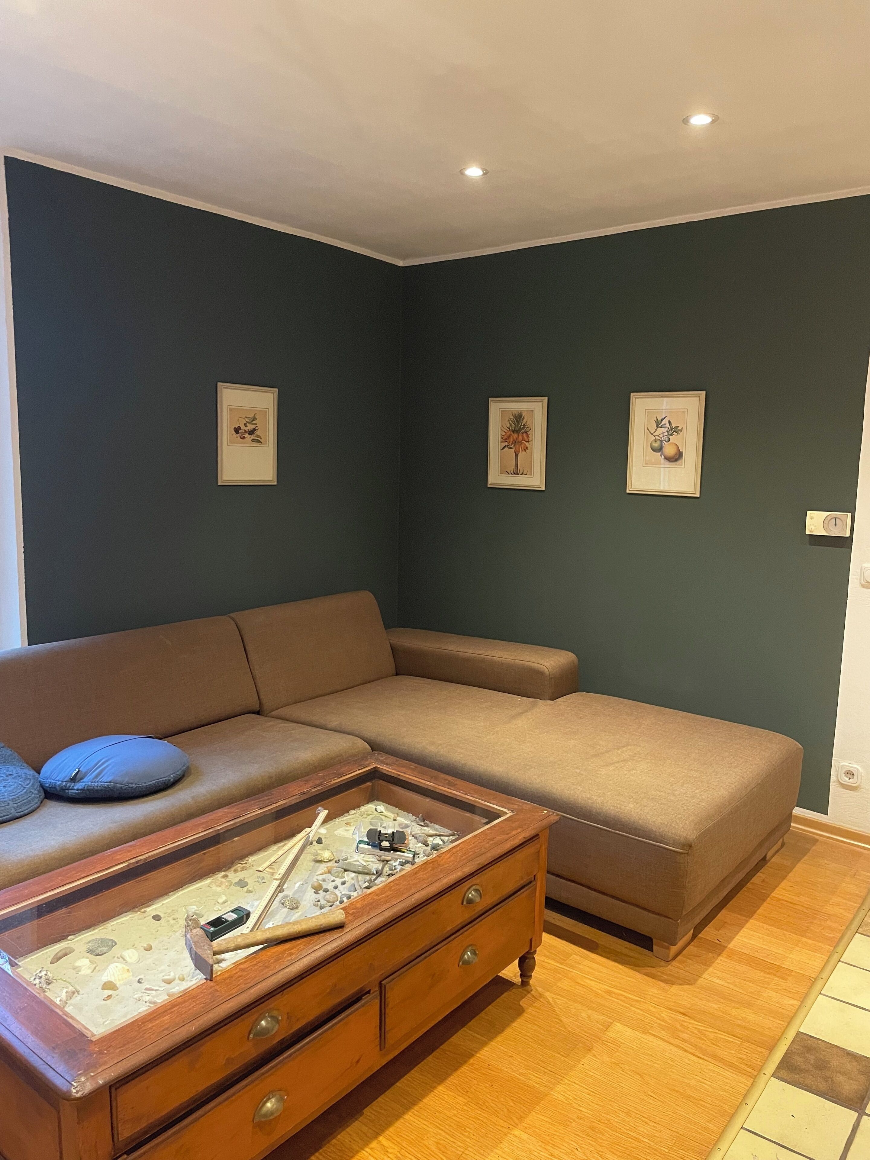 A living room with a brown sofa, a wooden coffee table with seashells, and three framed pictures on the wall.