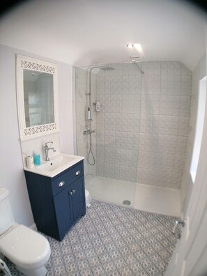Shower, hair dryer, soap, shampoo