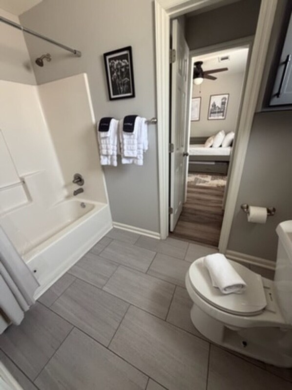 Combined shower/tub, hair dryer