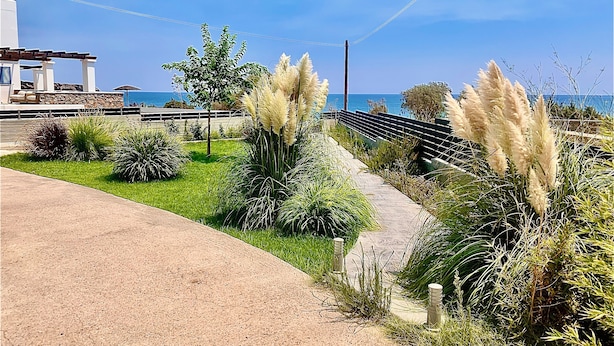 A pathway leading to a building with a view of the sea.
