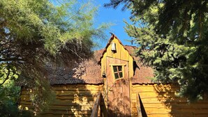 A wooden cabin with a sloped roof, surrounded by dense trees. - La Cabane Magique Des Fichettes (Sandillon)