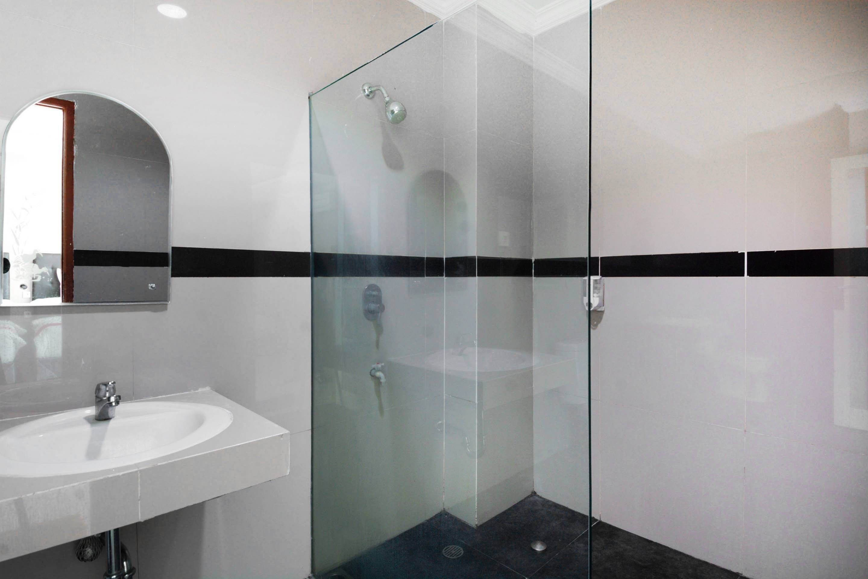 A modern bathroom with a glass-enclosed shower, a white sink, and a mirror above the sink.