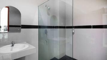 A modern bathroom with a glass-enclosed shower, a white sink, and a mirror above the sink.
