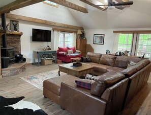 Smart TV, fireplace, books, music library