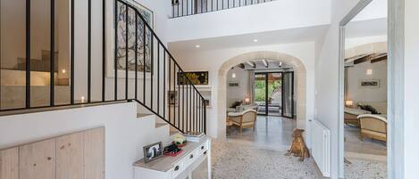 A spacious interior with a high ceiling, a staircase with a black railing, a dog sitting on the floor, and a cozy seating area with a sofa and chairs.