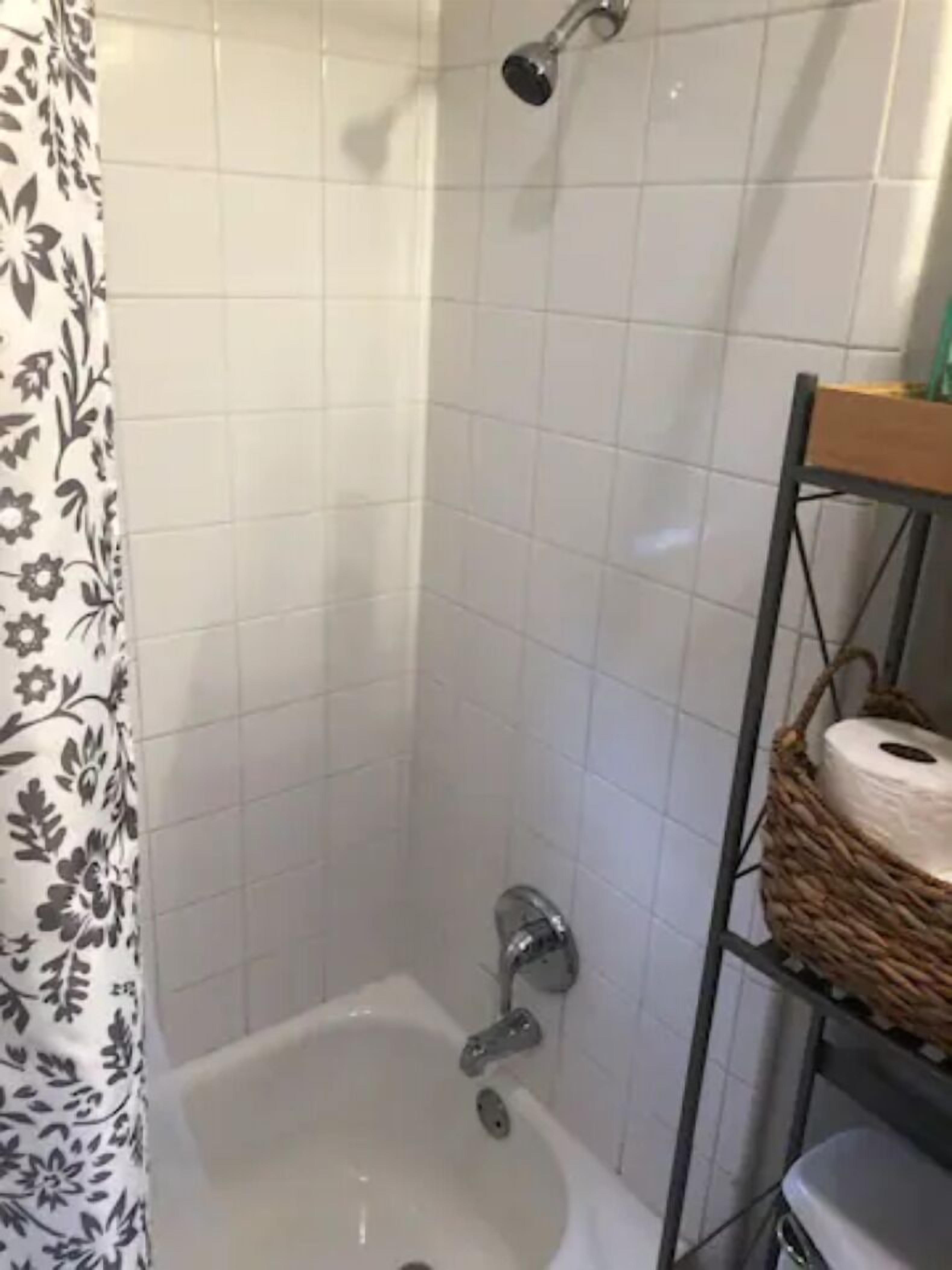 Bathtub, hair dryer, towels, soap