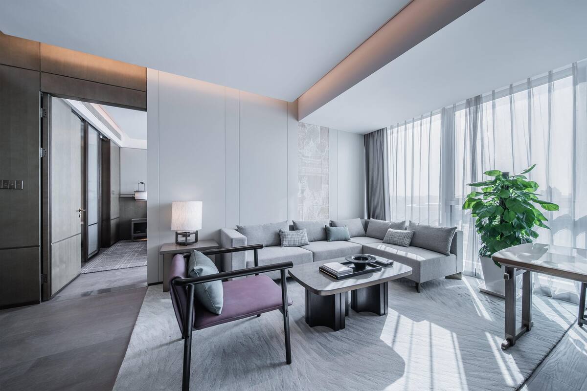 A modern living room with a sofa, coffee table, and a plant.