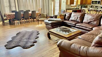 Smart TV, fireplace, books