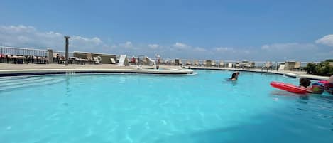 A rooftop pool, a heated pool