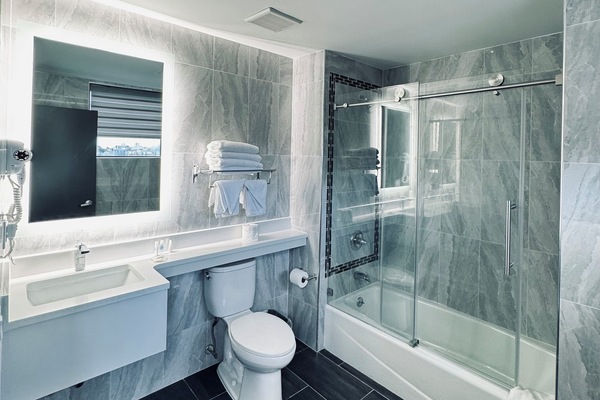 Shower, free toiletries, hair dryer, towels