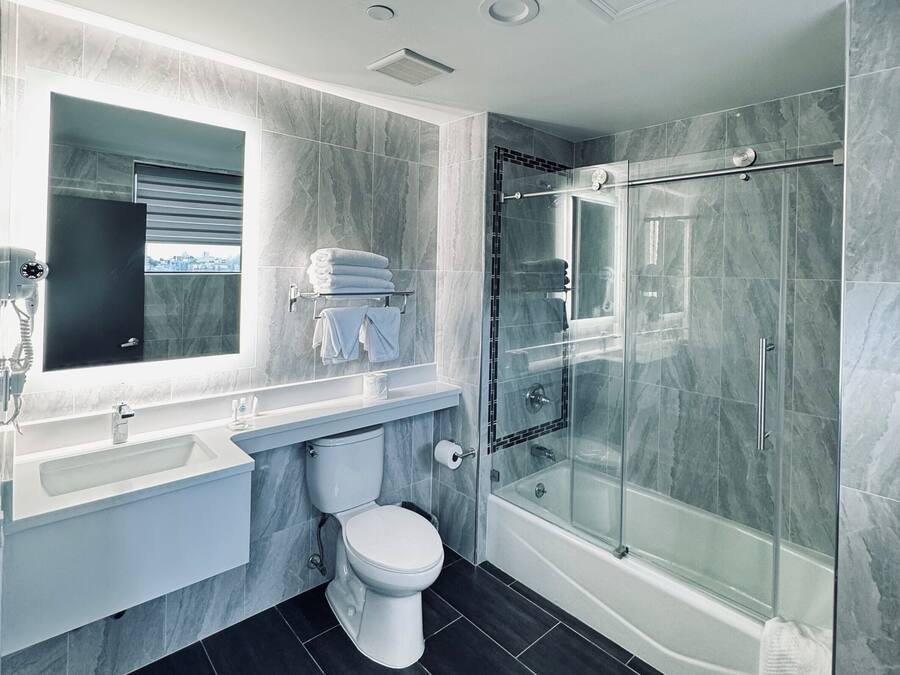 Shower, free toiletries, hair dryer, towels