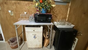 A small kitchenette with a microwave, a refrigerator, a trash bin, a small cabinet, and a vase with flowers. - Hilda’s Garage Bandera, TX (Bandera)