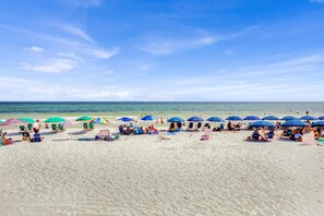 En la playa y camastros