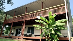 A two-story house with a covered porch, a satellite dish, and a large banana plant in the foreground.