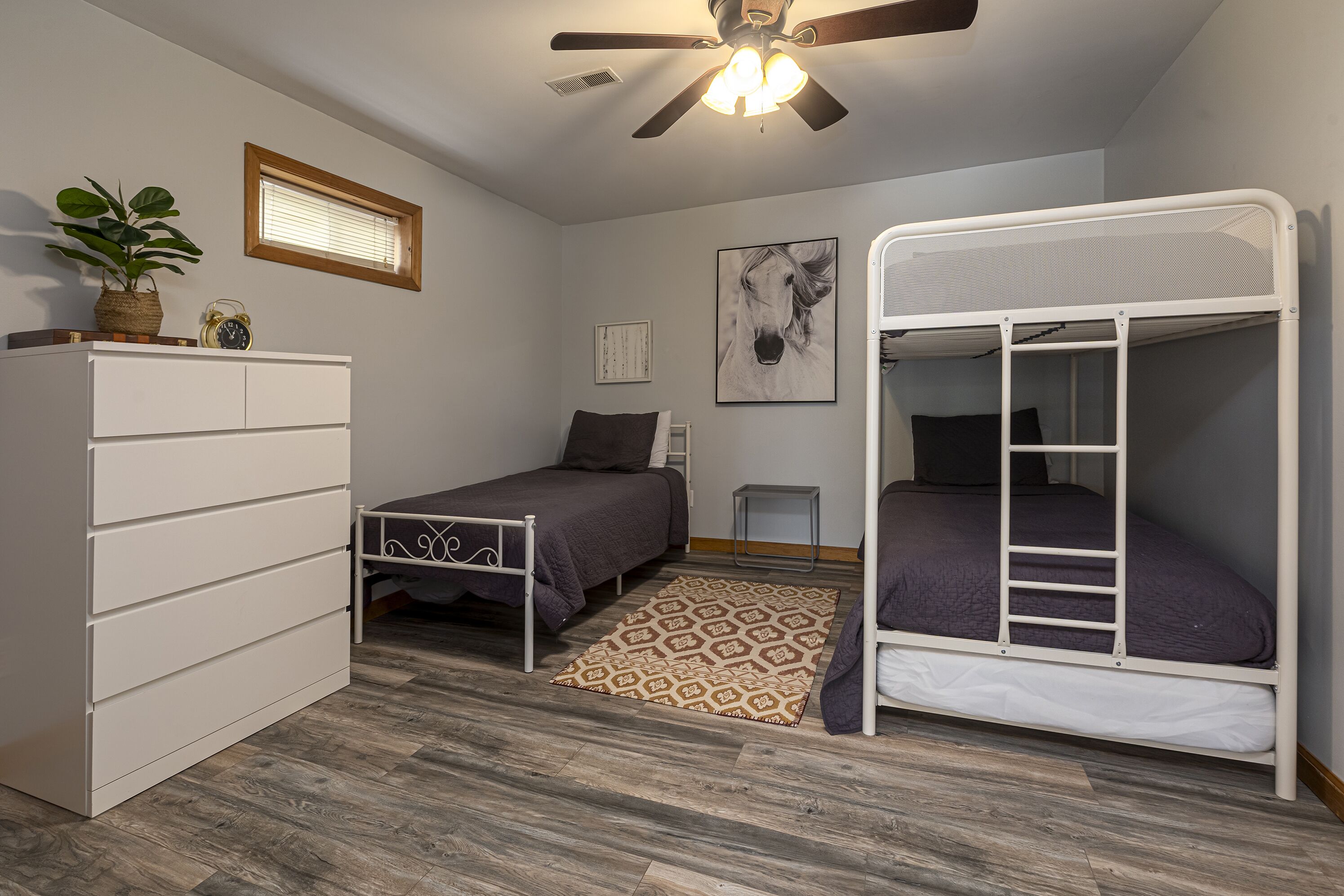 A bedroom with a bunk bed, a desk with drawers, a small bedside table, a potted plant, a framed picture, and a patterned rug.