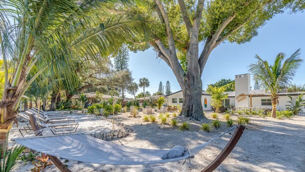 A hammock in a sandy area with palm trees and a building in the background. - PROMO 5% WEEKLY AND 10% MONTHLY DISCOUNT
Private Beach Back Yard ! 5 BR 2 Bath  (Bradenton)