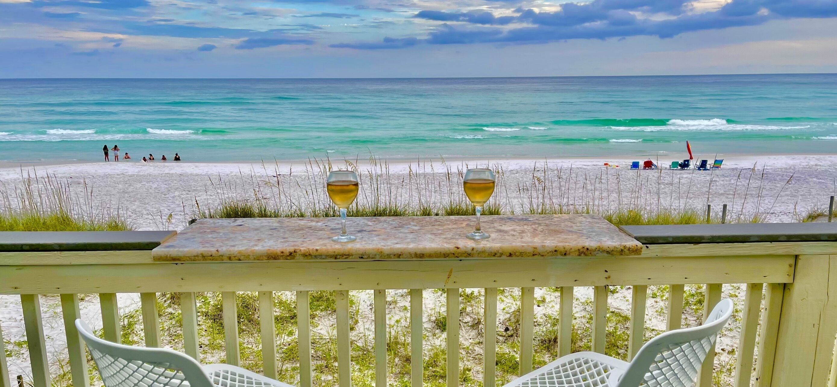 On the beach, sun loungers