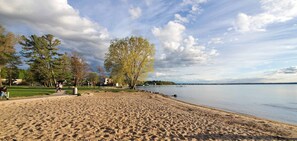 A sandy beach with trees and a calm lake.