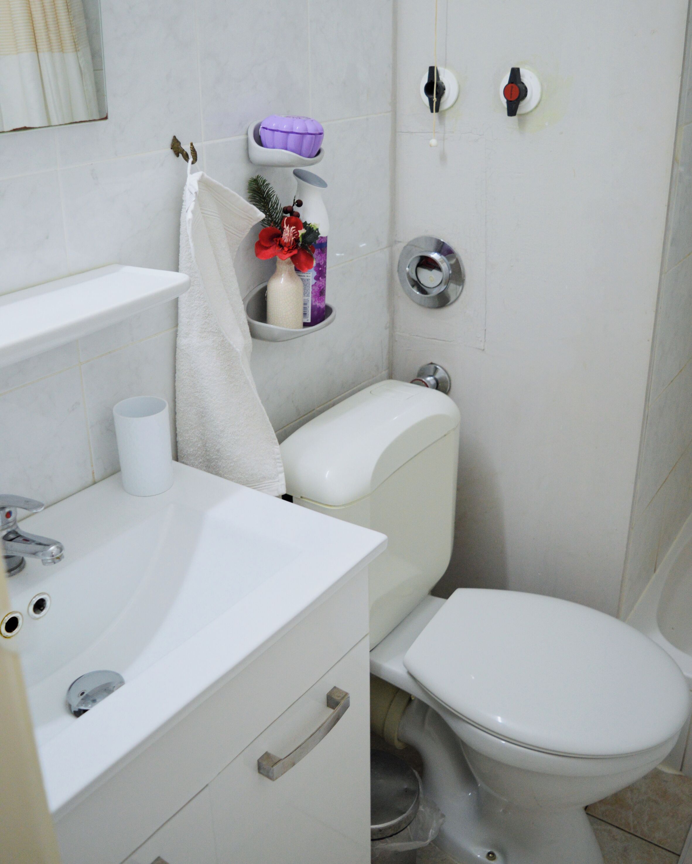 Un baño con un lavamanos, inodoro y ducha blancos. Hay una toalla colgada en la pared, un jabonera y una pequeña repisa con una botella y una flor.