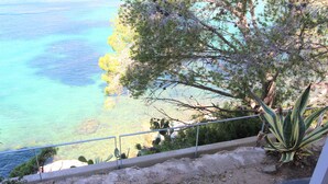 A balcony with a view of the sea and a cactus plant. - Basic studio in Canyelles with communal terrace + private outdoor parking. (Roses)
