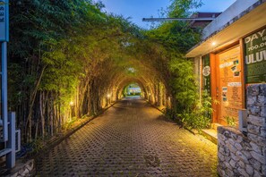 A paved pathway flanked by bamboo trees, leading to a building with a signboard.