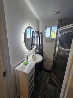 Shower, towels, soap, toilet paper