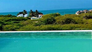 A clear blue pool with a view of the ocean and houses in the background.